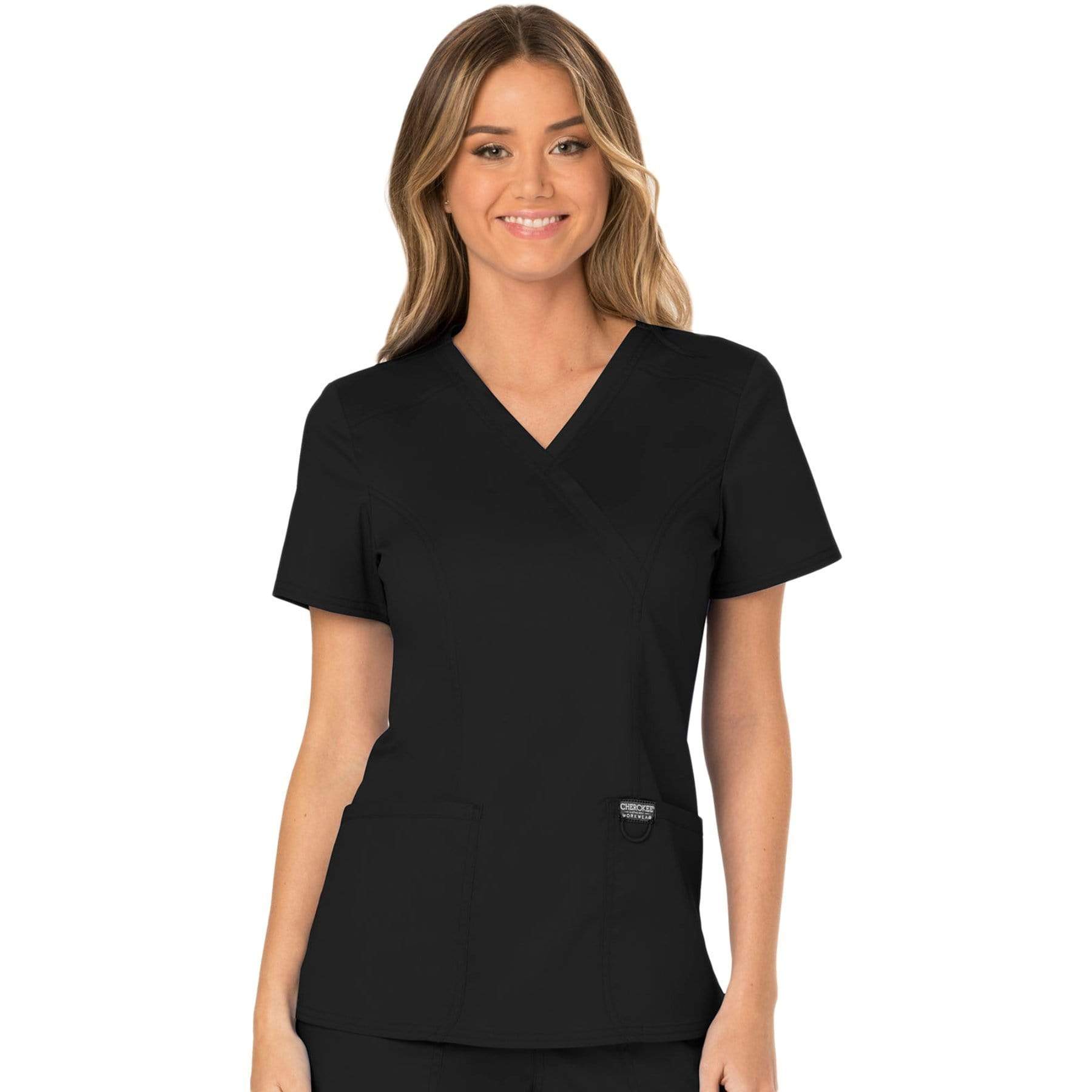 Cherokee Workwear Revolution WW610 Scrubs Top Women's Mock Wrap Black